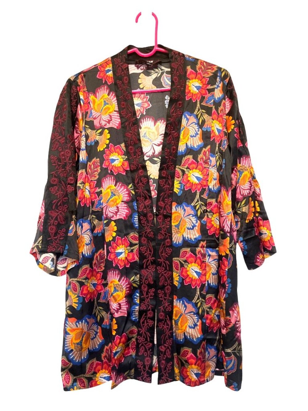 Johnny Was Sidonia Floral Silk Kimono XS Black Multicolor Embroidered 3/4 Sleeve